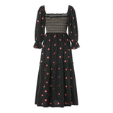 Women Spring Fall Long Dress Long Sleeve Dress Square Neck Embroidery Flower Loose Swing Dress Wit Pocket