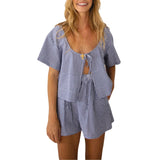 2 Piece Sets Women's Loungewear Front Toe-up Plaid Short Sleeve Shirts Tops and Shorts Sets Summer Y2K Casual Loose Streetwear