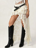 Summer Women Flower Lace Long Skirt Elastic High Waist Layered Ruffle Irregular Skirt Streetwear