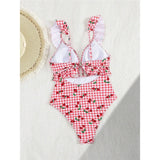 S - XL Cherry Printed Plaid Cut Out One Piece Swimsuit Women Swimwear Female Frilled High Leg Cut Bather Bathing Suit Swim V7557