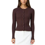 Autumn Winter Sweater Cardigan Women Solid Color Long Sleeve Round Neck Button Up Ribbed Knitwear Slim Coat