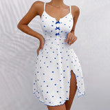 Summer Nightgown Women's Sleepwear Sexy V-Neck Heart Print Slit Front Dress Homewear Comfort Pajama Night Dress Nighties