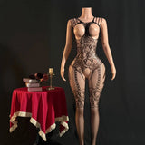 Sexy Bodysuit With Hollowed-out Chest Mesh Sexy One-piece Jacquard Open-crotch Halter Neck Backless Deep V Sleeveless Charm 57AF