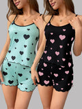 Women Pajama Set Summer Sleepwear Heart Love Pattern Cami Tops and Shorts Set Loungewear Soft Comfy Nightwear