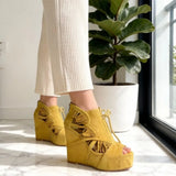 Yellow Suede Tassels Wedges Heel Platform Sandals Back Zipper Women Shoes Peep Toe Party Feast Dating 2026 Zapatos Para Mujere