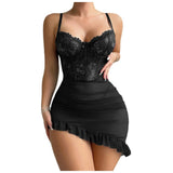 Sexy Transparent Lace Patchwork Pajamas +Thongs Camisola Lingerie Nighty Underwire Bra Set Women's Nightgowns Sexy Nightwear