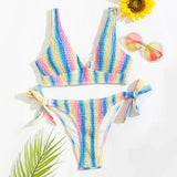 2026 New Sexy Bikini Women Rainbow Stripe Pleated Swimwear Swimsuit Knotted Bikinis Set Bathing Suit Beach Bikini Female Push Up
