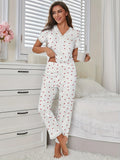 Autumn Winter Comfortable Pajamas Set with Love Heart Printed for Women Sleepwear Short Sleeve Top and Pants Homewear