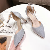 ZOKI Bling Gold Silver Women's Pumps 2024 Sexy Point Toe Thin Heel Party Wedding Shoes Woman Summer Ankle Strap High Heels Shoes