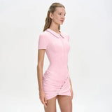 FDYOUI Women's Polo Collar Zip-up Jumpsuit Dress Chic Short Sleeve Folds Solid Bodysuits One Piece Yoga Fitness Sporty Playsuits
