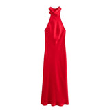 Elegant Solid Color Satin Halter Lace Up Long Dress Sexy Off Shoulder Backless Sleeveless Bodycon Dresses New Lady Party Robe