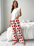 Spring Summer Heart Print Sleepwear Women Comfortable Pajamas Set Short Sleeve T-shirt with Pants Casual Homewear Loungewear