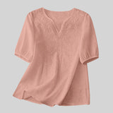 Women Summer Loose Embroidered V Neck Solid Color Short Sleeved Comfortable Button Down Shirt Top женская одежда