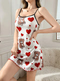 Summer Nightgowns Women's Pajamas Cute Teddy Bear & Hearts Printed Sleeveless Ruffled Hem Sleep Dress Loungewear Sleepwear