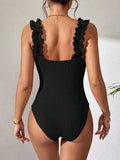 Sexy White Frill Trim Ruffled Ribbed Female Swimwear One Piece Swimsuit Women Monokini High Cut Bather Bathing Suit Swim Lady