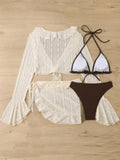 Vintage Swimwear Women Long Sleeve Ruffles Cover Up Skirt 4 Piece Bikini Set 2025 Push Up Beach Bathing Suit High Waist Swimsuit