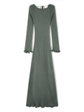 Women's Autumn Winter Knitted Bodycon Dress Long Sleeve Tie Backless Round Neck Solid Color Ruffle Trim Long Dress Beachwear