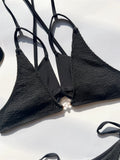 sexy black ribbed cross bikinis sets two pieces pearl tie thong swimsuit bathing suit swimwear biquini bakini tankini