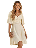 Summer Dress Women'S Fashion V Neck Short Flared Sleeved Wedding Guest Dresses Smocked Elastic Waisted Tiered Belted Ruffle Hem