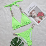 9 Colors Sexy Bikini Women Luxe Crystal Diamond Metal Chain Pit Striped Swimwear Swimsuit Bikinis Set Bathing Suit Beach Bikini