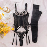 Toucheart Erotic Lingerie Embroidered Floral See-through Sexy Body-shaping Women Intimate Hot Split Underwear Set with Stockings