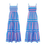 Women's Striped Print Dress Sleeveless Spaghetti Strap Square Neck Tiered Long Dress for Holiday Casual Boho Sundress