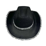 Women Shiny Sequined Wide Brim Cowboy Hat Western Style Sun Cap for Club Party