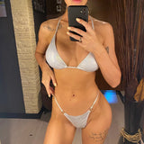 Halter Glitter Sparkling High Leg Cut Bikini Women Swimwear Female Swimsuit Two-pieces Bikini Set Bather Bathing Suit Swim V5102