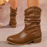 Brown Pu Leather Pleated Ankle Boots Women Plus Size 36-43 Thick Heeled Western Booties Mujer 2025 Slip On Cowboy Boots Woman