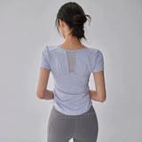 Women's Summer Yoga Sports Top Short Sleeve Pleated Waist Cinching Mesh Spliced Breathable Fitness T-Shirt