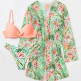 Boho Style Women's 3 Pieces Swimsuit Floral Bikini Set+Long Sleeve Cover-Up Swimwear Sexy Low Waist Tankinis Beachwear Holiday