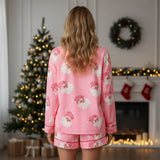 Women's Christmas Two Pieces Pajama Set Long Sleeve Lapel Santa Claus/Christmas Tree Print Shirt Shorts Loose Sleepwear