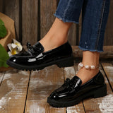 Patent Leather Med Heels Loafers Women Spring Plus Size 43 Bowknot Slip On Flats Woman British Style Student Pu Leather Shoes