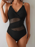 2026 Sexy Mesh Swimsuit One Piece Ring Link Strappy Swimwear Women Solid Bathers Bathing Swimming Swim Suit Female Beachwear