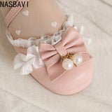 Women's Summer White Buckle Strap Sandals Pink Bowknot Pearls Cross Strap Shoes Black Ruffles High Heels Lady Lolita Party Shoes