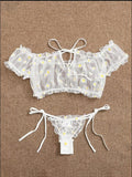 Toucheart Sexy Underwear Lace Lingerie Set For Women Off-Shoulder Small Chest Bralette+Thong Beachwear Transparent Bra Set New