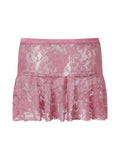 Summer Women Mini Skirts Floral Lace Sheer Elastic Waist A-line Skirt for Beach Vacation Club Cover-ups Streetwear