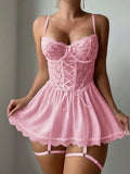 Lace Open Bra Underwear Set Lace Up  Lingerie Transparent Deep V Bra Baby Doll Dress Women Erotic  Mesh Garter Underwear Sets