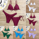 Sexy 3 Piece Bikini Set Women Solid Blue Purple Push Up Bandage Triangle Swimsuit Brazilian Beach Bathing Suit Swumwear Biquini