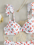 Cherry Printed Underwired V-bar Ruffled Bikini Women Swimwear Female Swimsuit Two-pieces Bikini Set Push Up Bathing Suit Swim