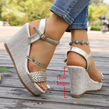Gold Woven Wedge High Heel Sandals Women 2026 Summer Ankle Buckle Chunky Heeled Sandals Woman Plus Size Platform Sandles Female