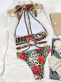 Sexy Rose Leopard Print Metal Ring Swimsuit One Piece Hollow Out Bikinis Swimwear Bodysuits Women Biquini Bathing Suits Tankini