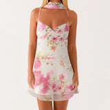 Women Fashion Floral Print/Solid Color Sleeveless Back Bandage Cami Dresses Summer Backless Mini Dress with Choker Scarf