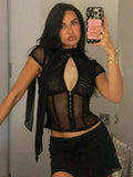 Women Sexy Hollow Out Mesh T-shirts 2026 Summer Bandage Short Sleeve Black Corset Girls Slim Crop Tops T Shirt Party Streetwear