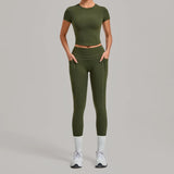 Women Tracksuit Yoga Sets Short Sleeve Slim Sports T Shirts Workout Clothes Outdoor Tight High Waist Pocket Pants Fitness Suits