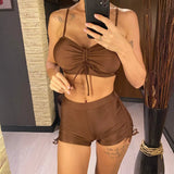 Wrinkled Knotted Shorts High Waist Bikini Female Swimsuit Women Swimwear Two-Pieces Bikini Set Bather Bathing Suit Swim V6197