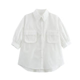Women's Fashion Casual White Short Sleeve Shirt White Cotton Button Shirt Lapel Collar Half Sleeve Loose Fit Casual Blouse 8GDK