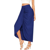 Women's High Waisted Ruched Maxi Skirt Pleated Solid Asymmetrical Split Hem Long Skirt Casual Draped Wrap Bodycon Summer Skirts