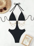 Woman Bikini Triangle Top Ribbed Fabric Black Bikinis Side Cutout Chain Detail Swimsuit High Cut Bottom Belly Chain Beachwear