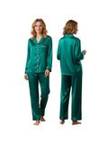 Women's Satin Two Pieces Pajama Sets Fashionable Contrast Color Trim Long Sleeve Button Down Tops with Pants Soft Sleepwear